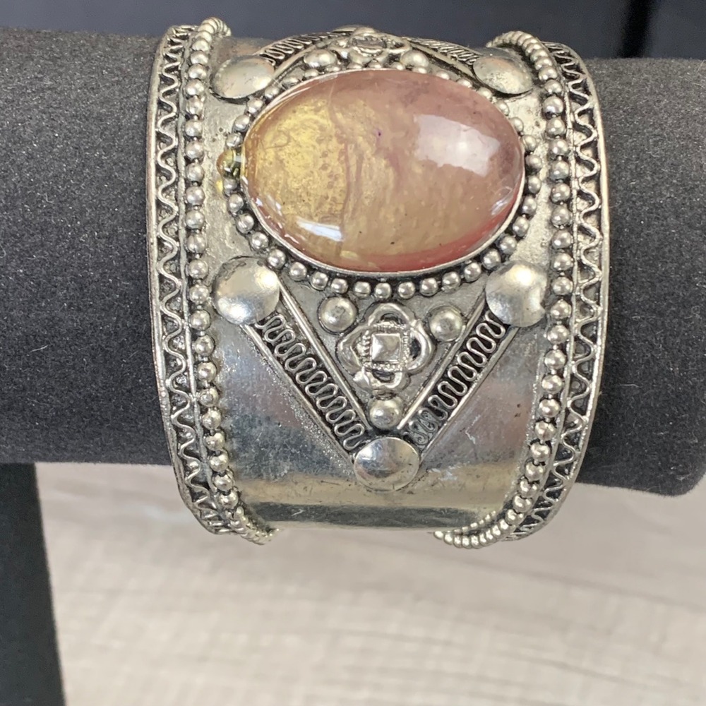 Boho Silver Tone Wide Cuff Bracelet with Amber Rose Stone Made in India 7.5"